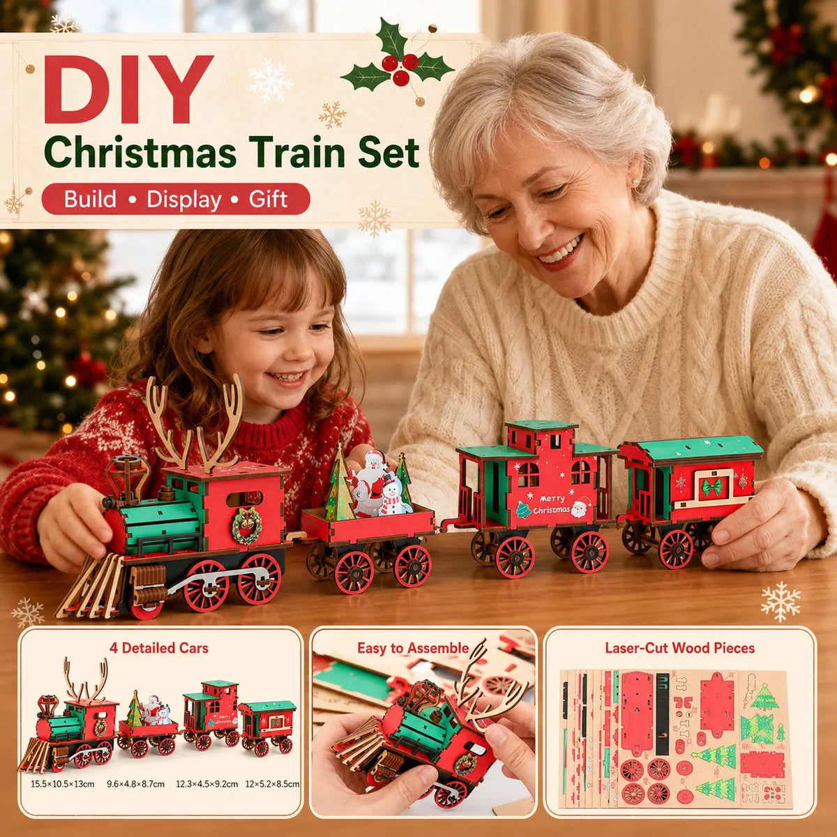 🎉DIY Christmas Wooden Train Set 3D Assembly Puzzle Kit