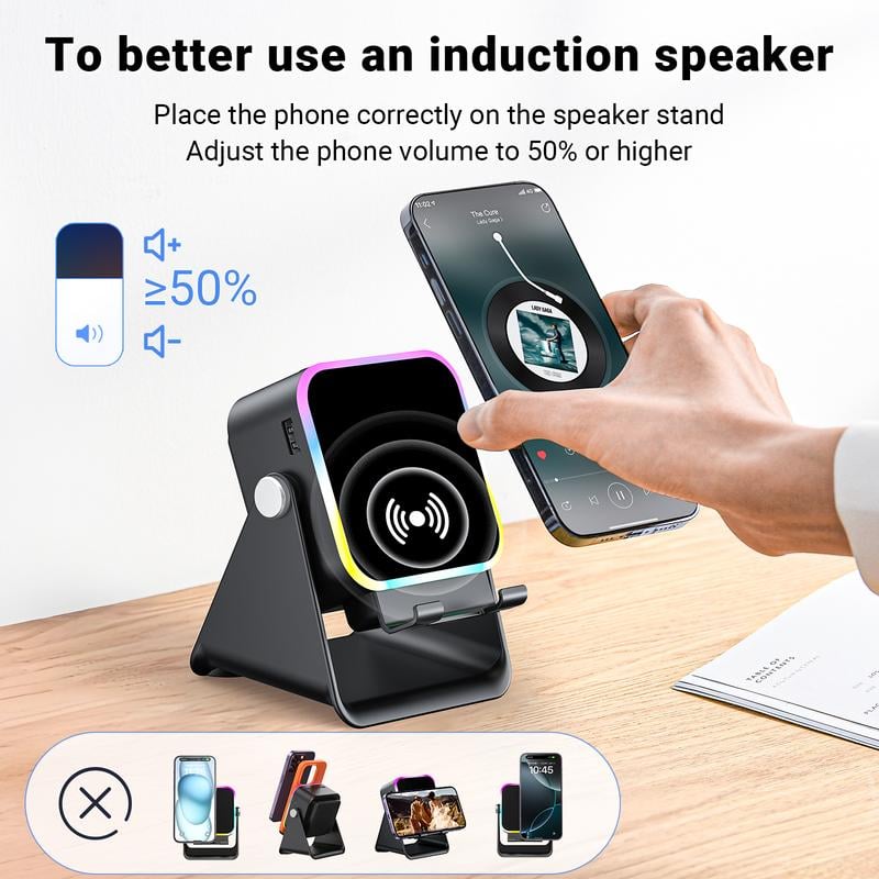 🎶📱 5-in-1 Wireless Induction Bluetooth Speaker with Adjustable Phone Stand