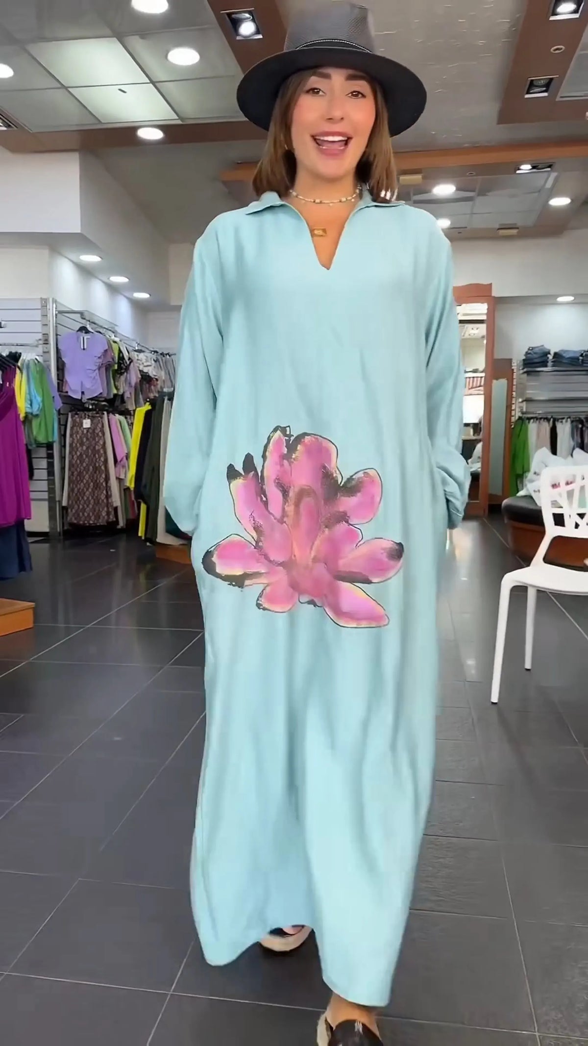 Loose Floral V-Neck Long-Sleeved Dress