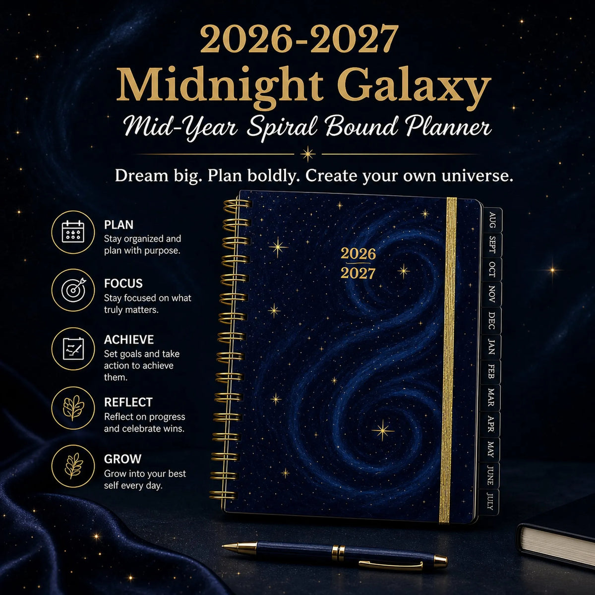 🔥Last Day 49% OFF - 🌌 2026-2027 Midnight Galaxy Mid-Year Spiral Bound Planner