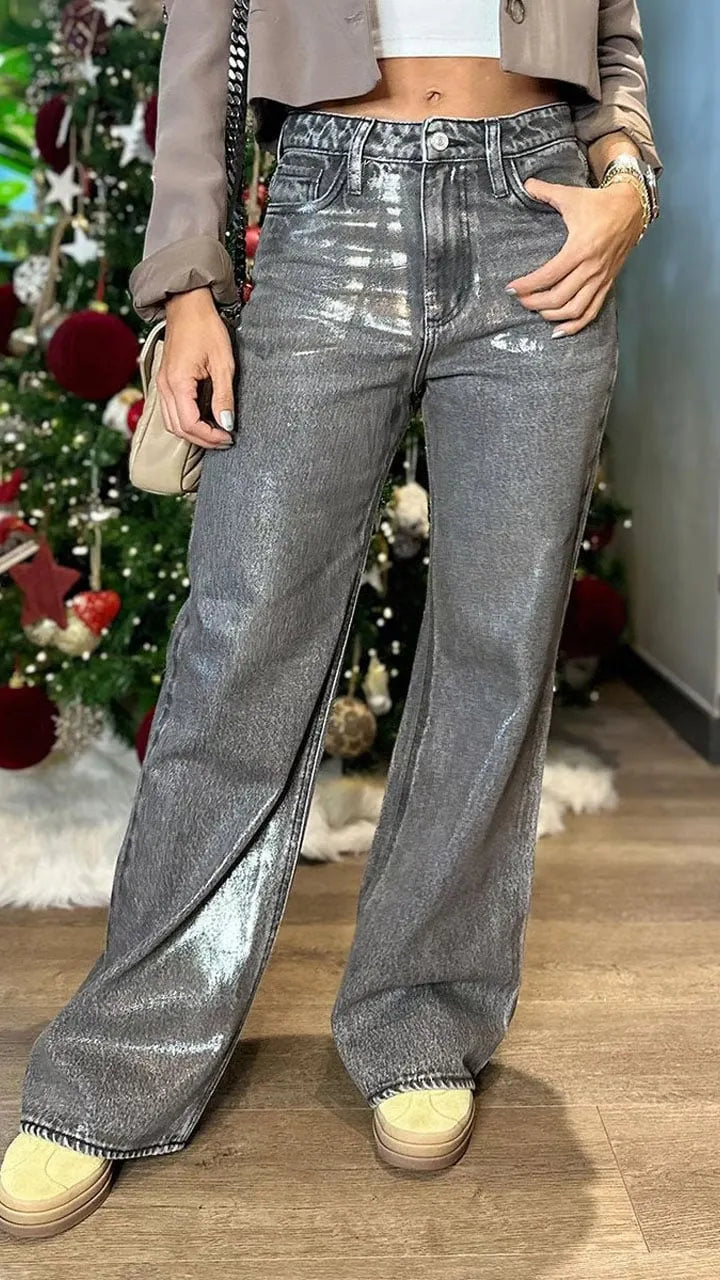 Women's Silver-embossed Casual Loose Flared Jeans