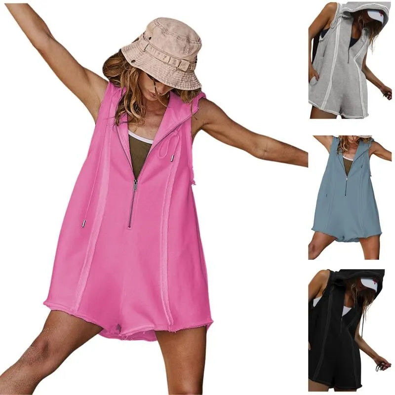 ⏰LAST DAY - HALF PRICE💥Short Half Zipper Sports jumpsuit for Fitness Outdoor Leisure Sleeveless Loose Hoodie for Women