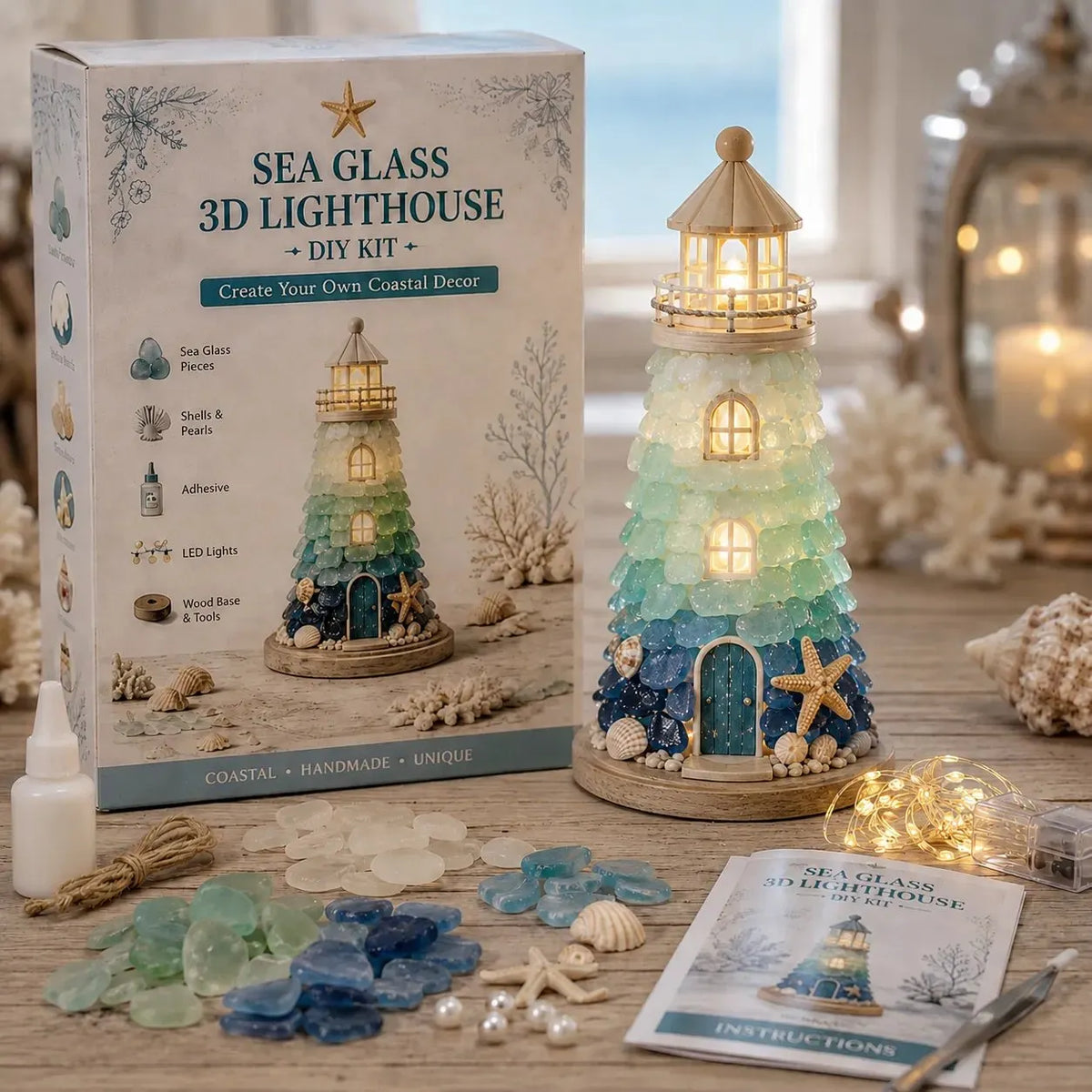🔥 HOT SALE 🔥⏳ Last Day 49% OFF – 🌊 Beginner-Friendly DIY Lighted Sea Glass-Style Lighthouse Kit Collection | Complete Kit with Sea Glass-Style Pieces, LED Lights & Step-by-Step Guide Included 💕