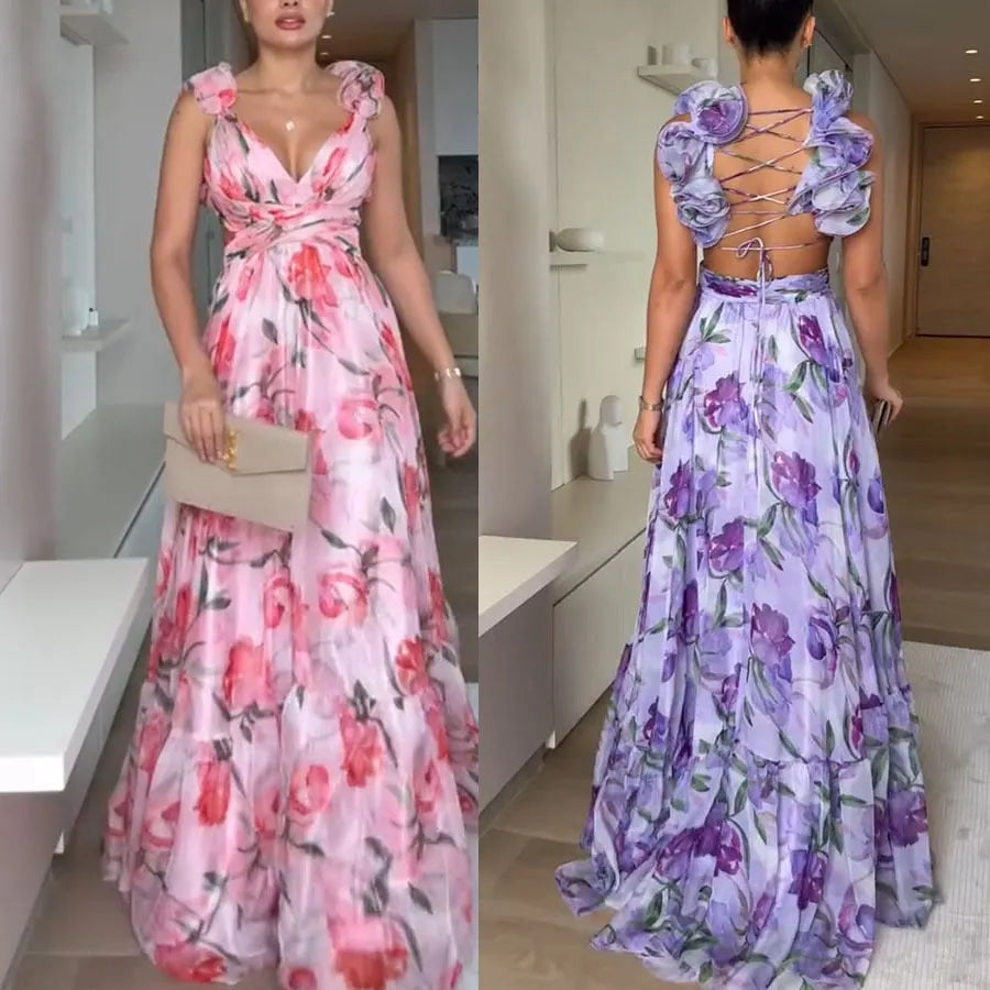 Women's V-neck Waist-tied Back Tie-up Elegant A-line Printed Dress