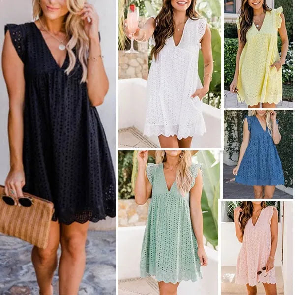 Women's Lace Jacquard Cutout Pocket Liner Shorts V Neck Plus Size Swing Dress