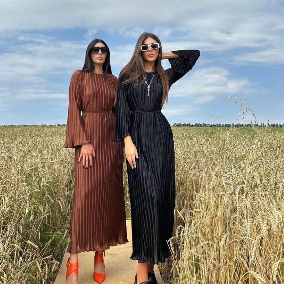 Pleated Bell Sleeve Maxi Dress (Buy 2 Free Shipping)