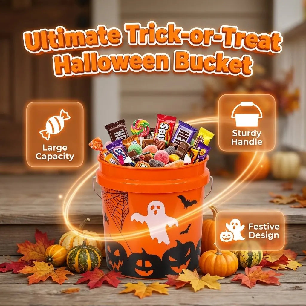 🎉🔥HOT SALE🔥🎃Halloween Trick or Treat Candy Buckets with Sturdy Handle - Classic Home Depot Orange Ghost Pumpkin Bat Trick-or-Treat Pails - Durable Reusable Plastic Bucket Container for Kids Party Favors & Seasonal Decor🍬