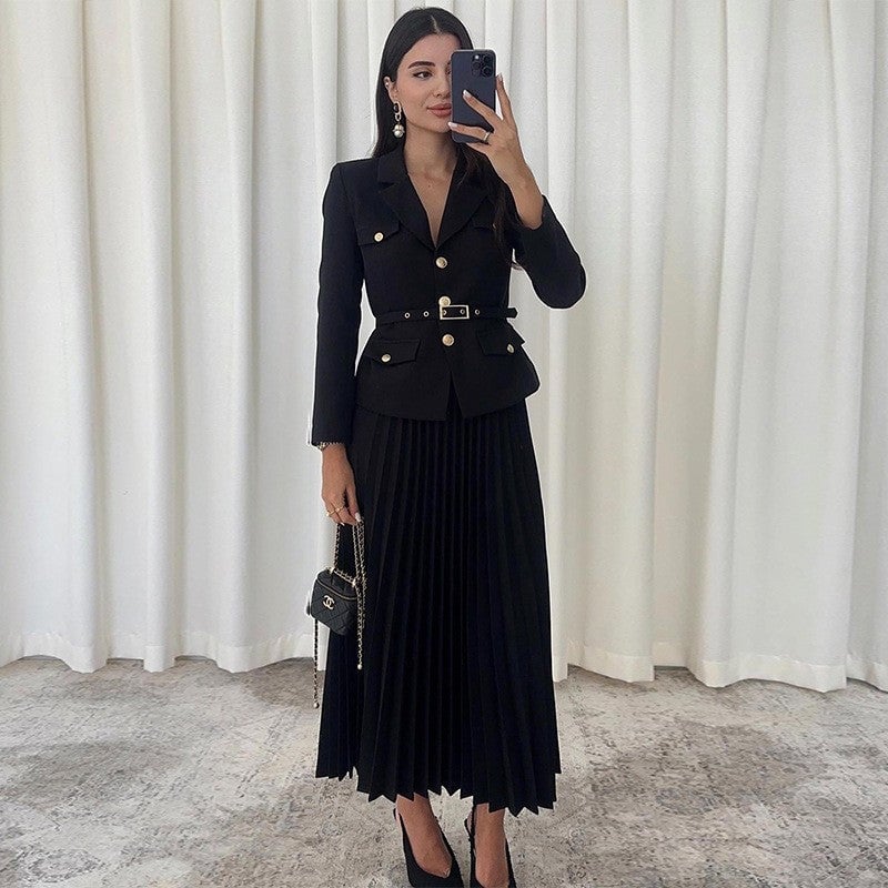 🔥Hot sale🔥Women's Blazer with Lapels and Maxi Pleated Skirt, 2-Piece Set with Matching Belt(🚛Free shipping)