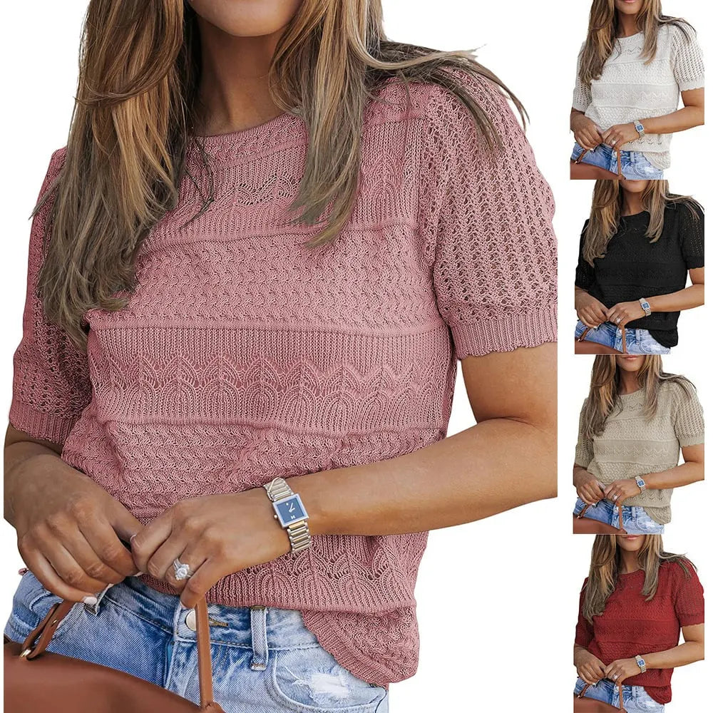 Round Neck Hollow Short Sleeve Knit Crochet Top