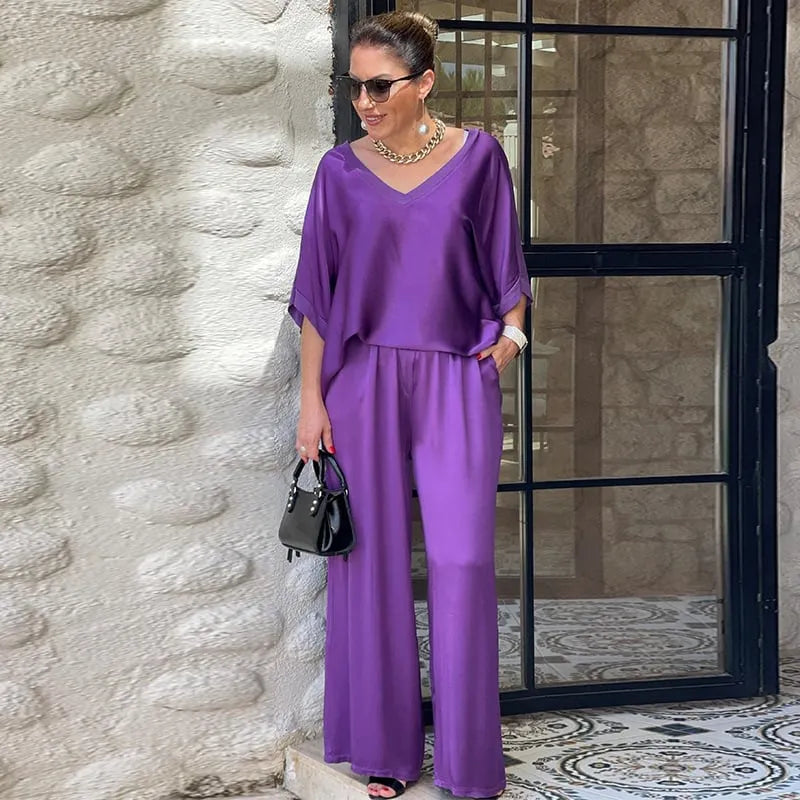 V-neck Satin Two-piece Suit-buy 2 free shipping