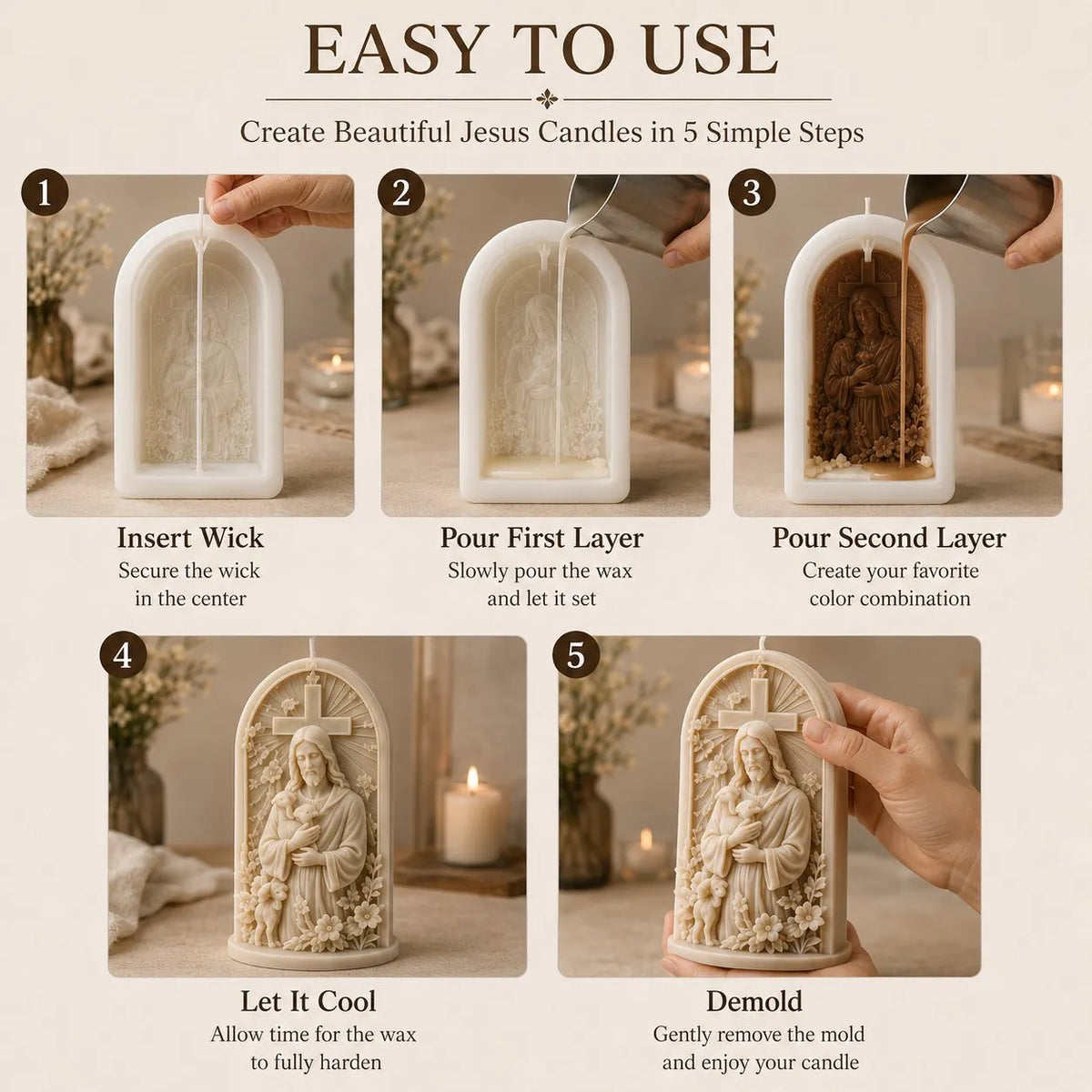 🔥 HOT SALE 🔥⏳ Last Day 49% OFF – ✝️ 2-Piece Good Shepherd Jesus 3D Candle Mold Set | Sculpted Cross, Lamb & Floral Relief for Faith-Inspired Handmade Candles 🕯️✨