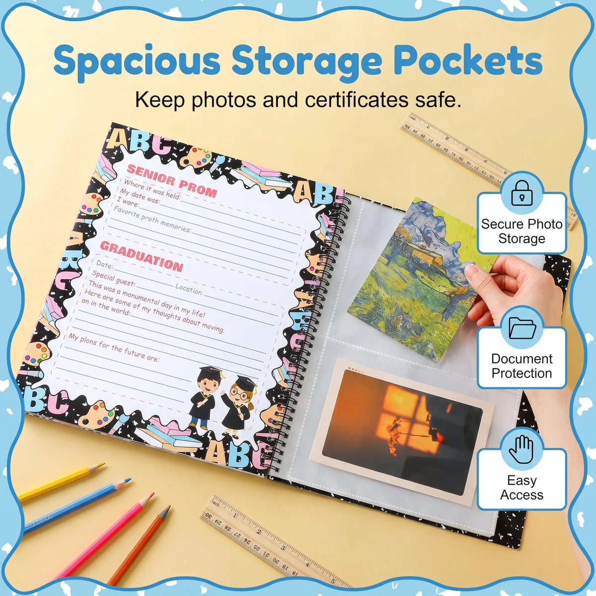 🔥HOT SALE🔥🏫School Memory Book & Keepsake Scrapbook (Preschool to 12th Grade) - 10"x12.24" Photo Album Portfolio with 14 Storage Pockets for Artworks, Report Cards & Certificates - Back to School & Graduation Gift for Kids