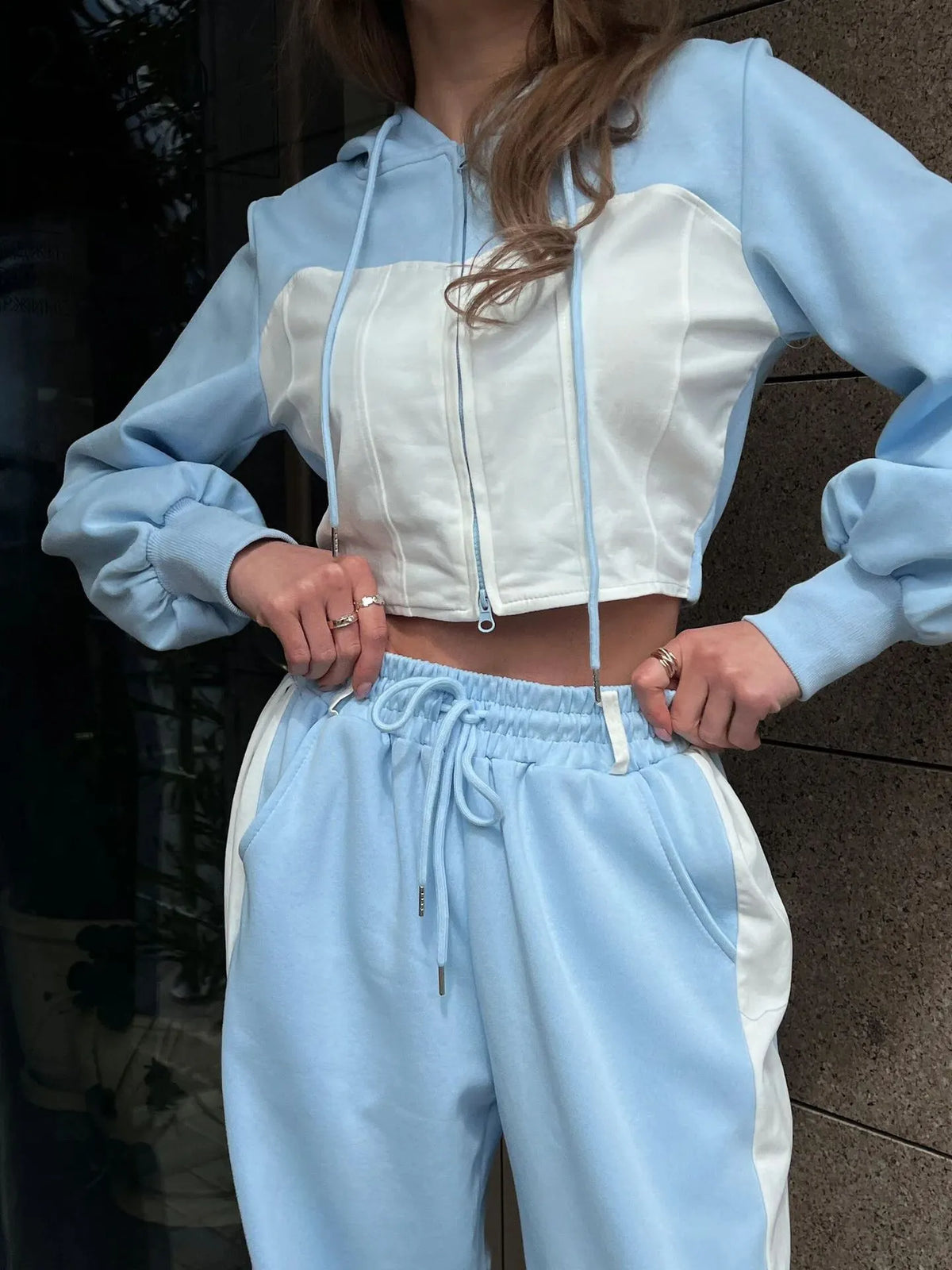 Women's Hooded Denim Patchwork Sweatshirt Two-piece Set