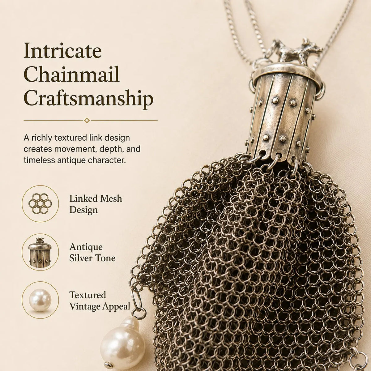 🐕Rare Antique Dog Motif Baroque Pearl Chainmail Purse Necklace📿