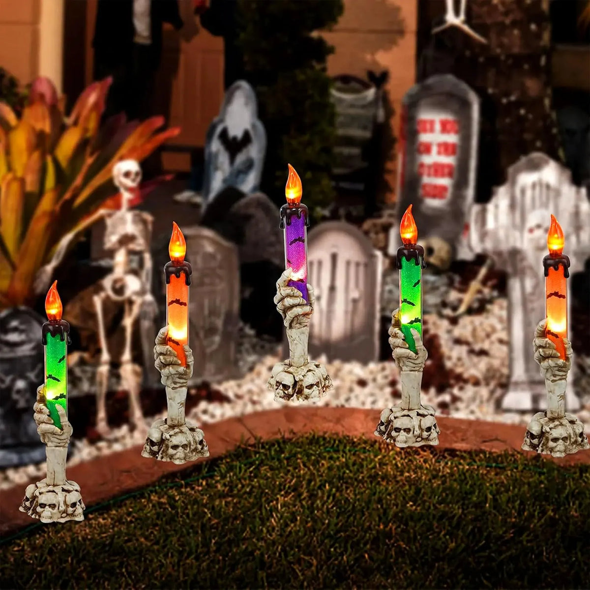 🕯️3 Pack Halloween LED Skeleton Hand Candle Holders, Flickering Flameless Skull Candles with Amber Light for Indoor Outdoor Halloween Decorations