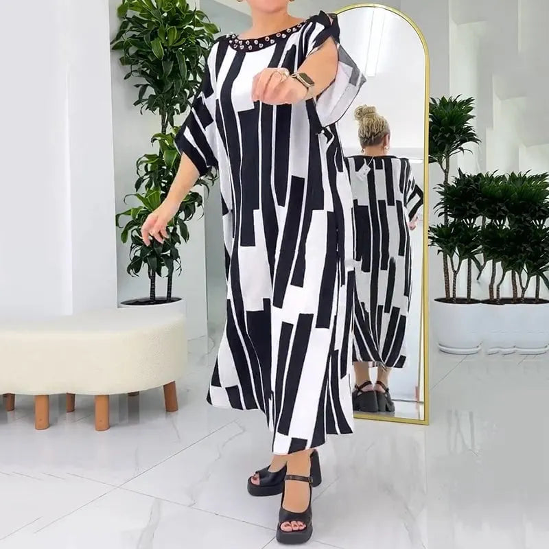 Fashion printed striped beaded round neck large size loose skirt