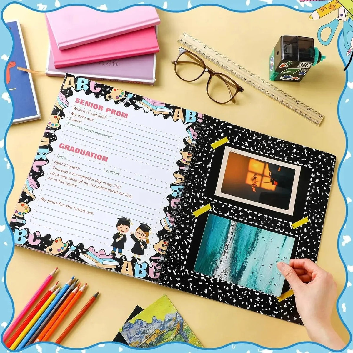 🎉📚School Memory Book Photo Album for Kids,14 Pockets, 34 Pages, 13 Years