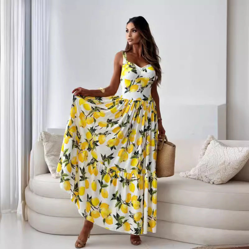 💕50% OFF🍋Elegant long spaghetti strap lemon print dress for women