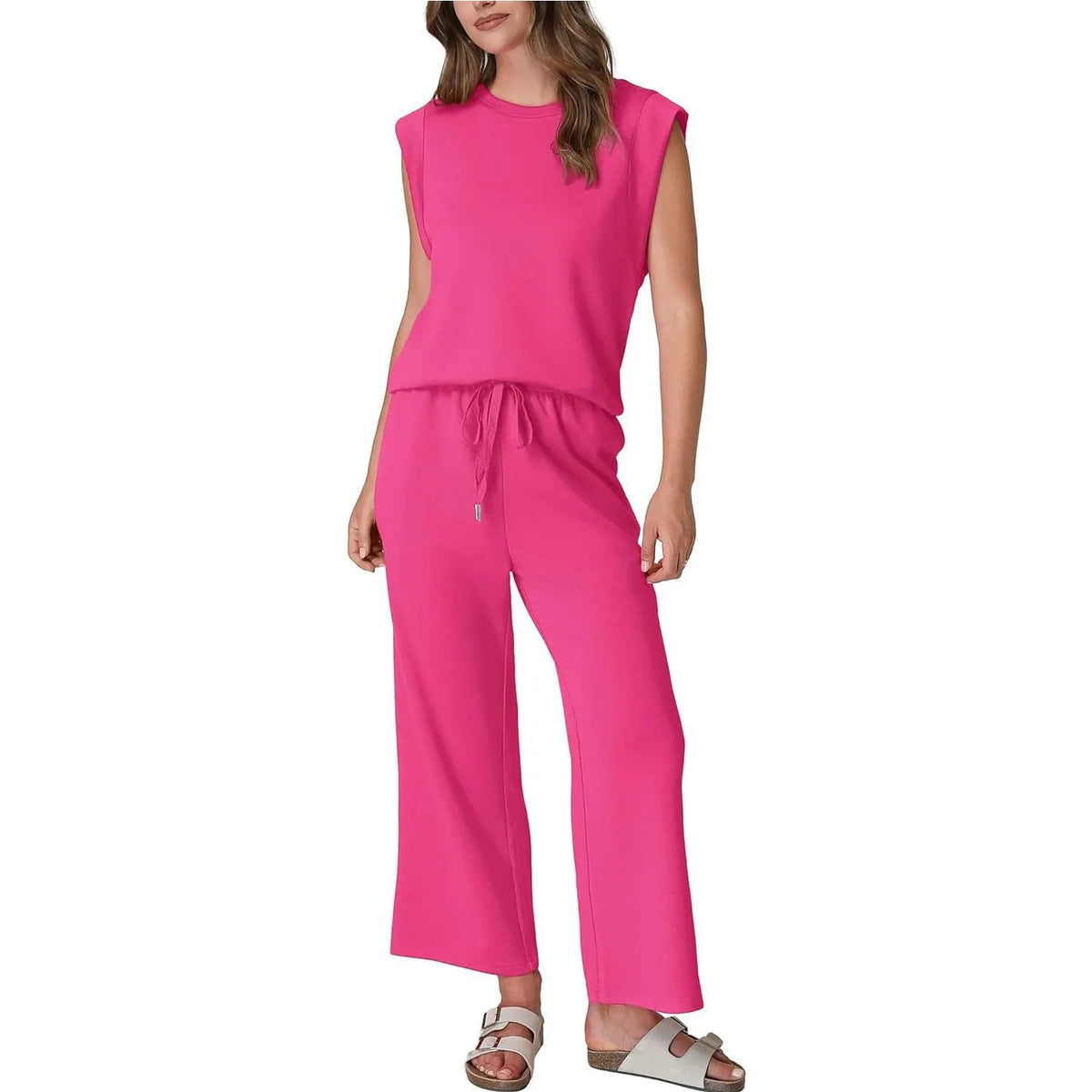 Women's Cap Sleeve Round Neck Lounge Set with Wide Leg Crop Pants