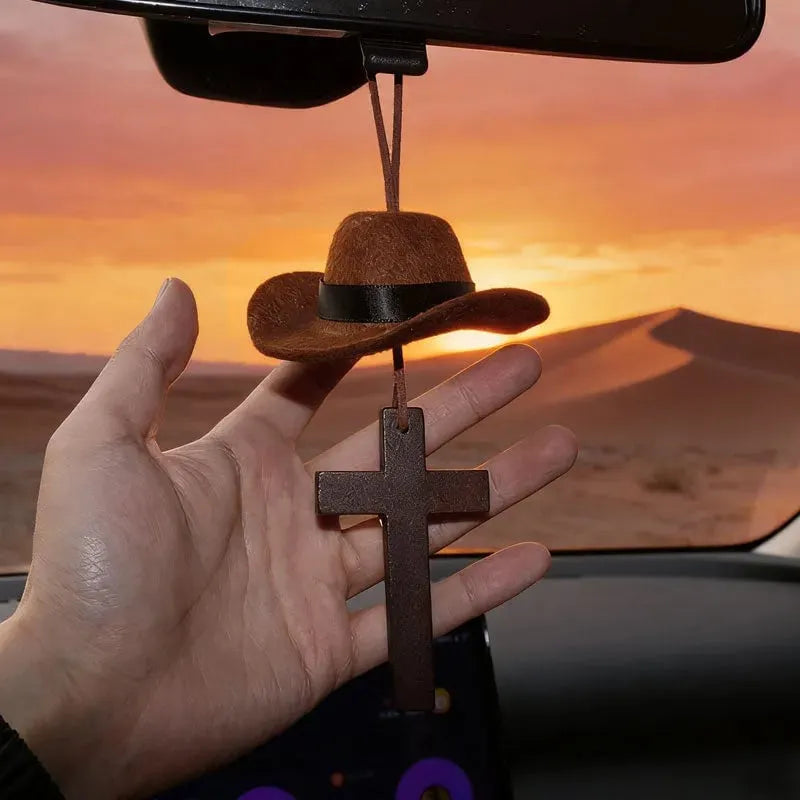 🔥HOT SALE🔥🤠 Cowboy Hat & Cross Car Charm | A Ride with Style & Faith 🚗✨