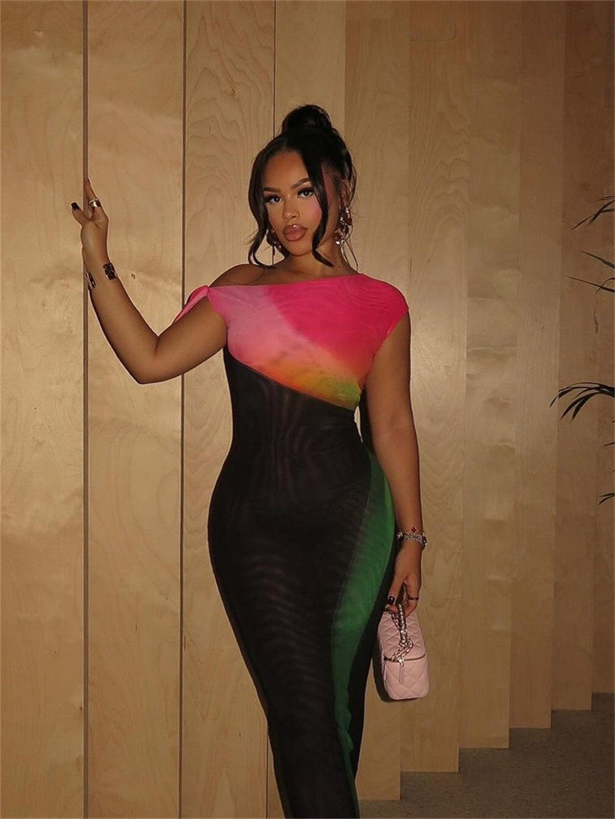 Fashion Stretch Color Block Sexy Skew Neck Dress
