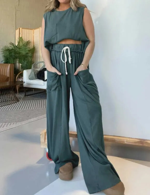 Comfort Tank Top and Elastic Waist Wide Leg Pocket Pants Set