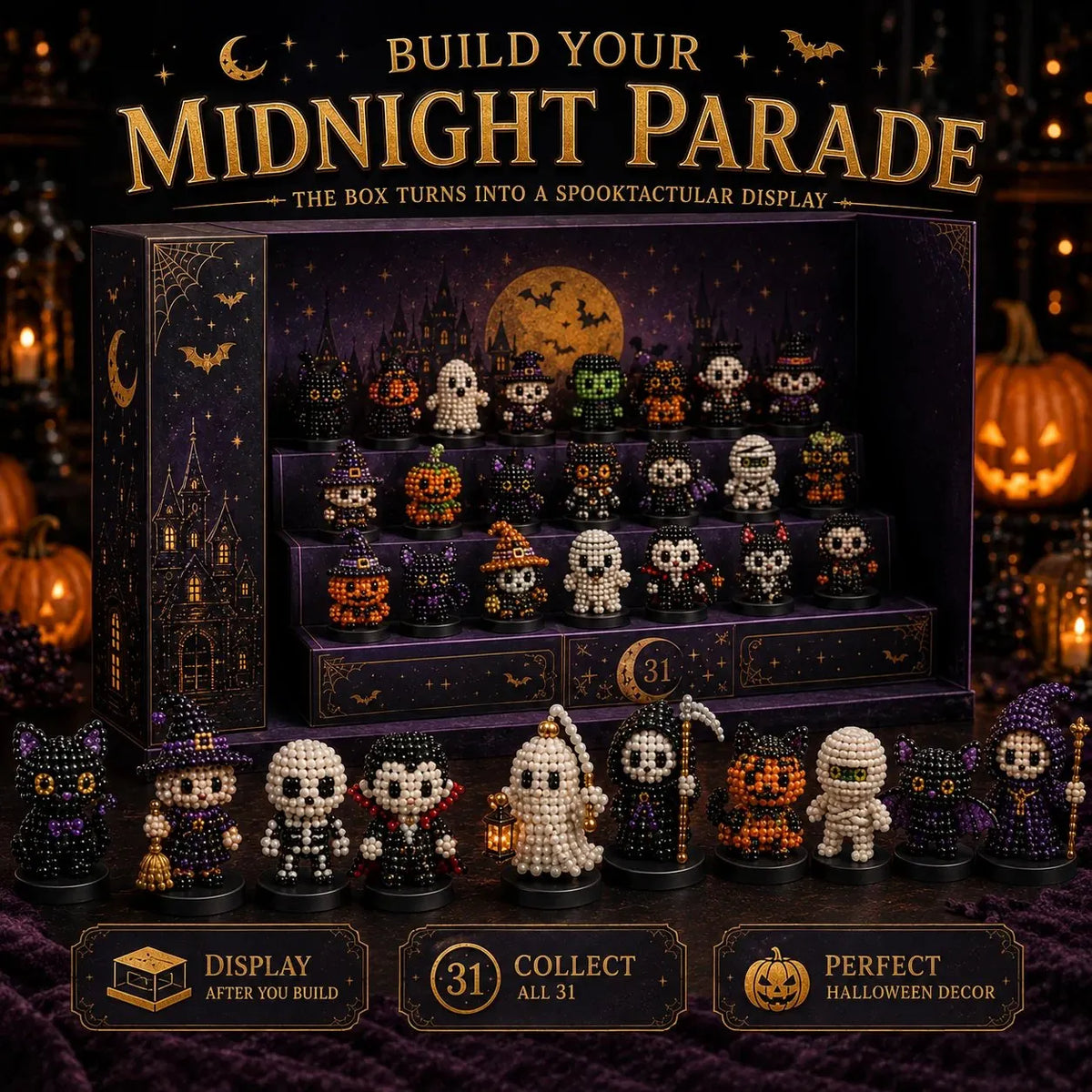 🎉🎃 Hollowmoon 31-Night Jewel-Bead Countdown Calendar | 31 Daily DIY Characters, Complete Craft Supplies & Midnight Parade Display 💎✨
