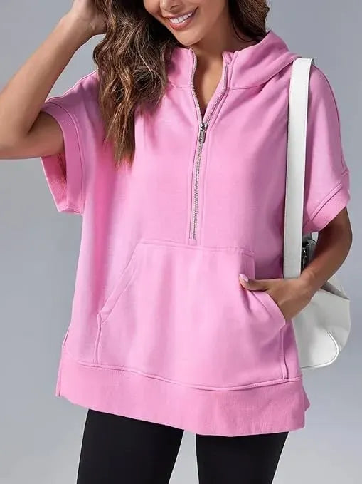 Oversized Casual Half Zip Short Sleeve Pullover Tops with Pockets (Buy 2 Free Shipping)