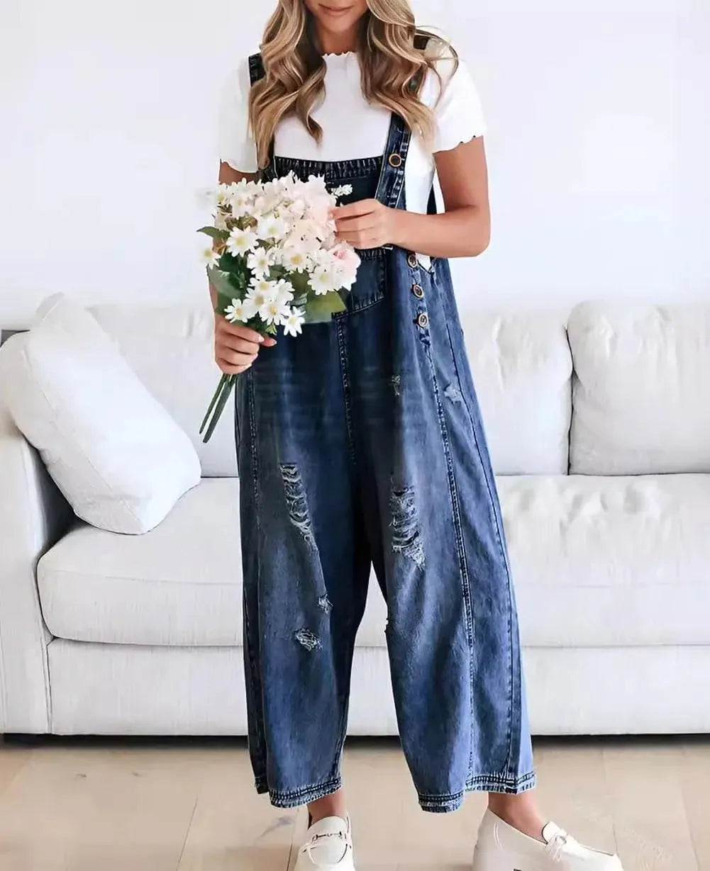 💖LAST DAY SALE 49% OFF💖Women's Cute Casual Button Jumpsuit Ripped Denim Overalls