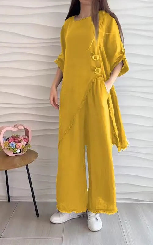 Women's Round Neck Long Cotton and Linen Suit