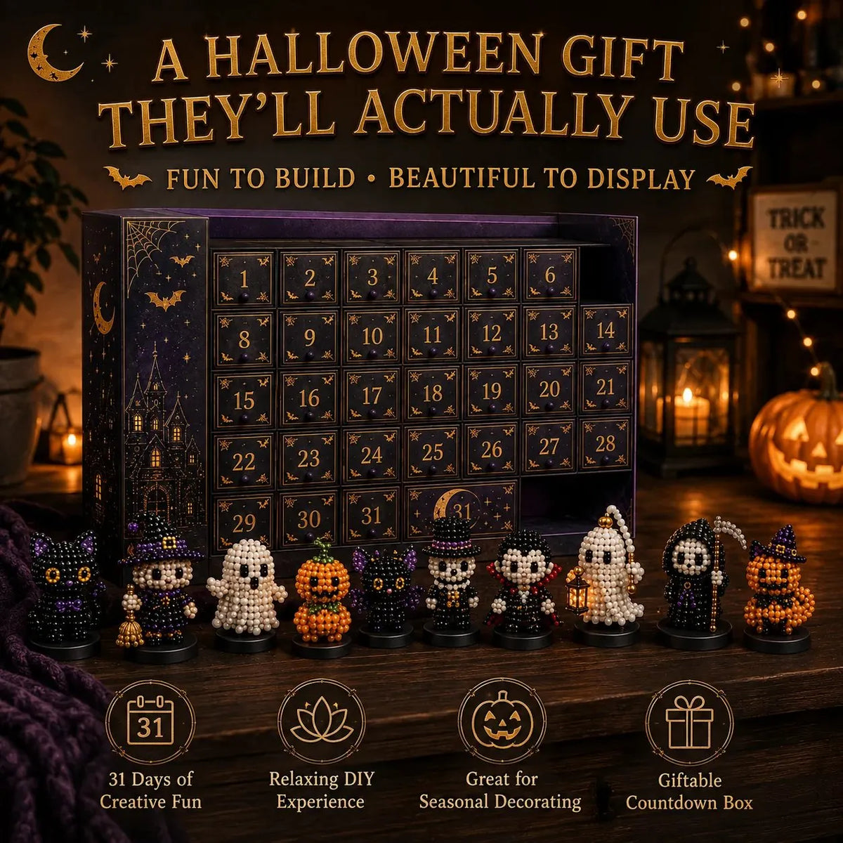 🎉🎃 Hollowmoon 31-Night Jewel-Bead Countdown Calendar | 31 Daily DIY Characters, Complete Craft Supplies & Midnight Parade Display 💎✨