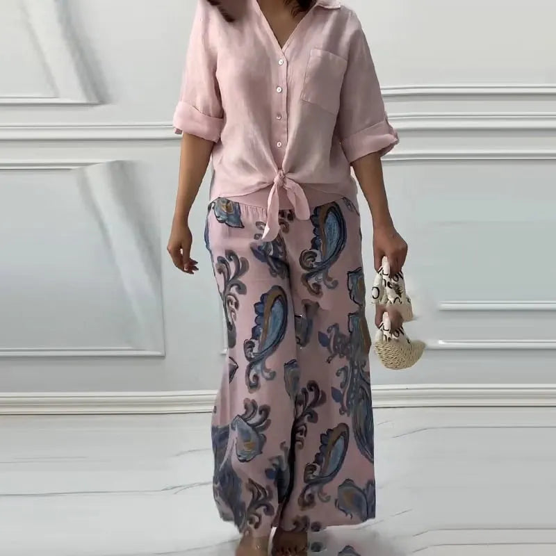 Women's Loose Shirt Cardigan & High-Waisted Pants Two-Piece Set