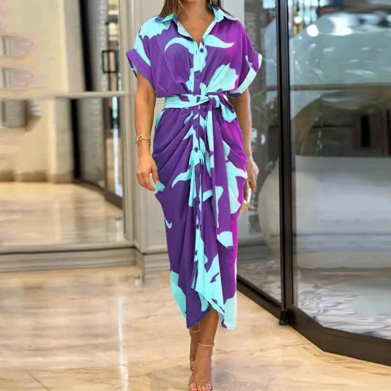 Printed Waist Cinching Shirt Dress
