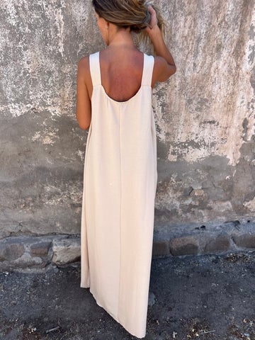 💕 Solid color dress for women with floral strap and U-neckline