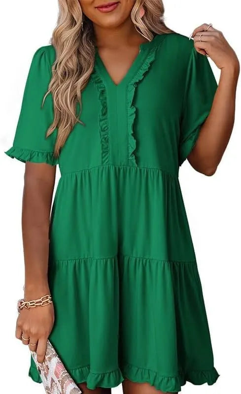 V Neck Short Sleeve Casual A Line Flowy Swing Shift Dress