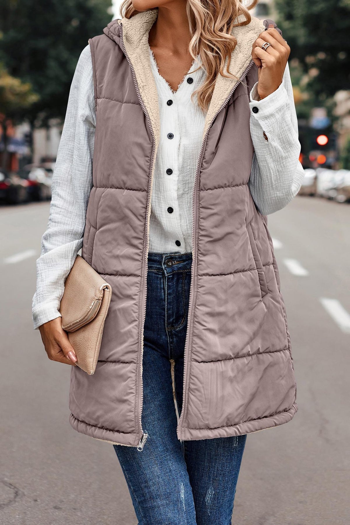 Women's Fall Reversible Vest Sleeveless Faux Fleece Jacket
