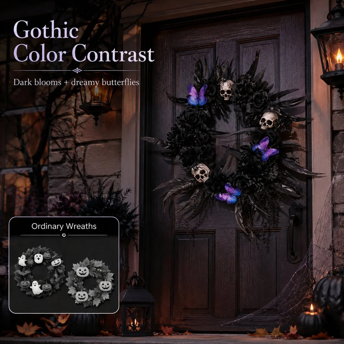 🎉Gothic Wreath with Black Roses & Butterflies, Elegant Decor for Halloween Entryway