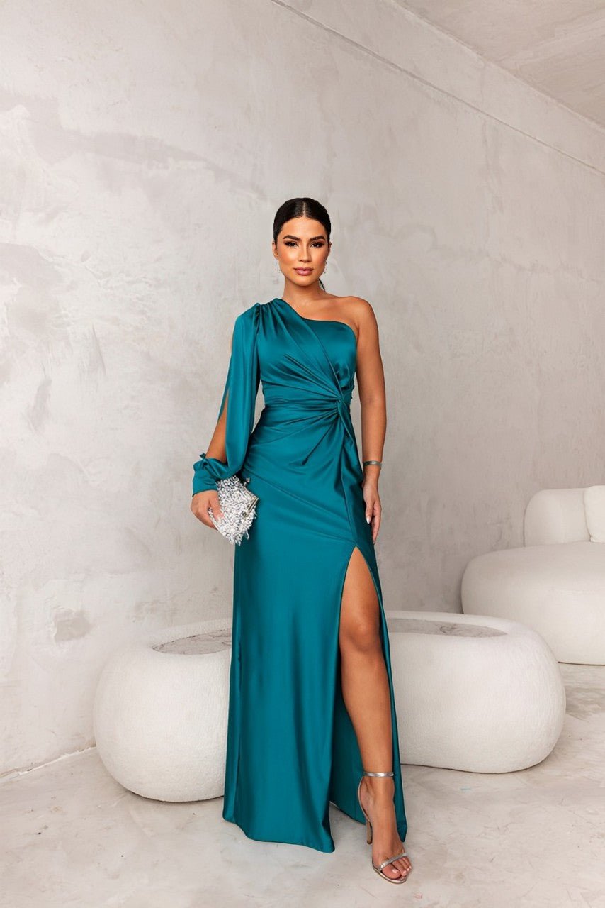 Slanted Collar Ruched Waist & Slit Sexy Long Dress