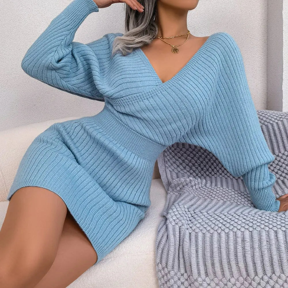 Sexy Knit Mini Dress with Long Batwing Sleeves