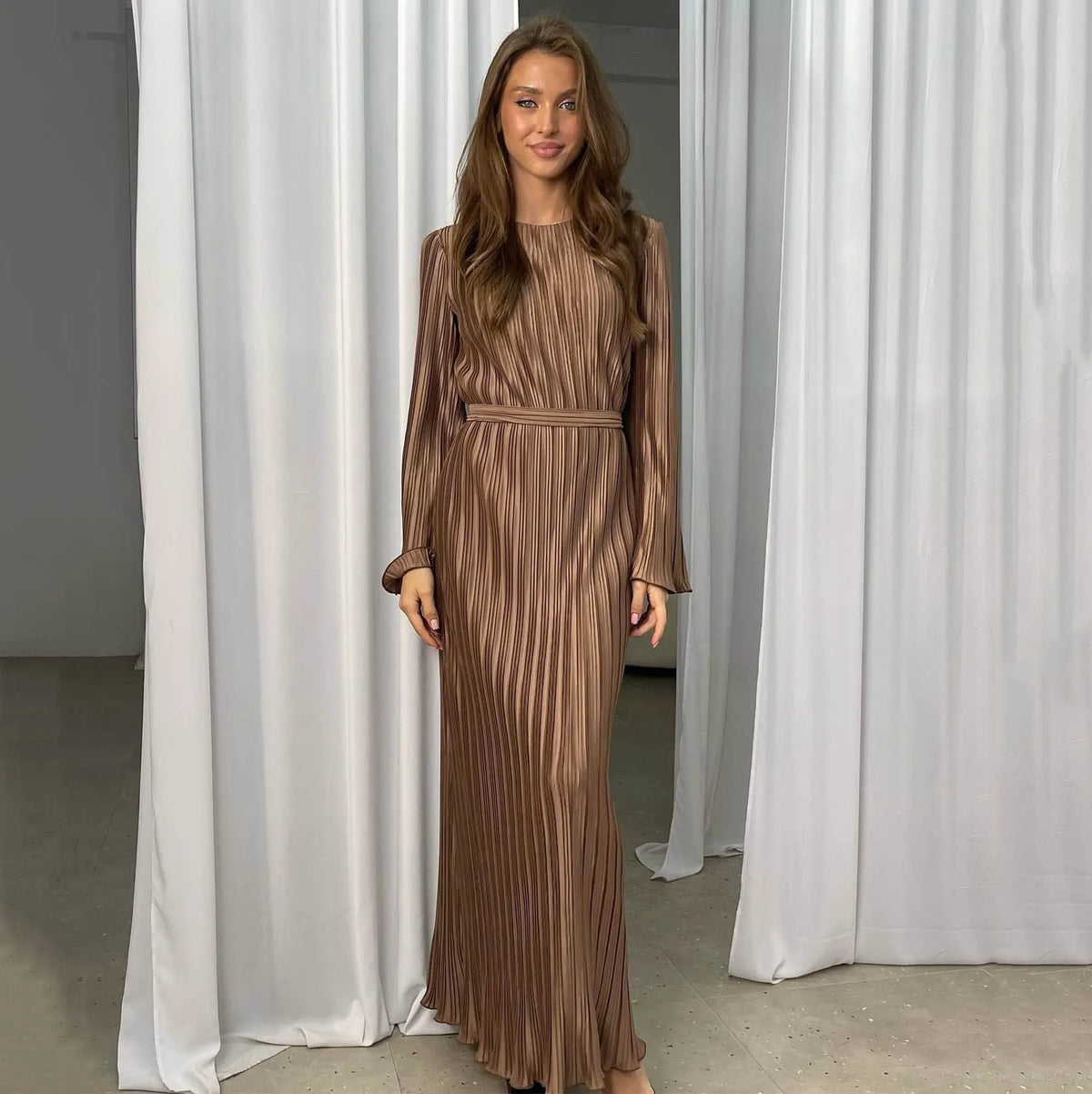 Pleated Bell Sleeve Maxi Dress (Buy 2 Free Shipping)