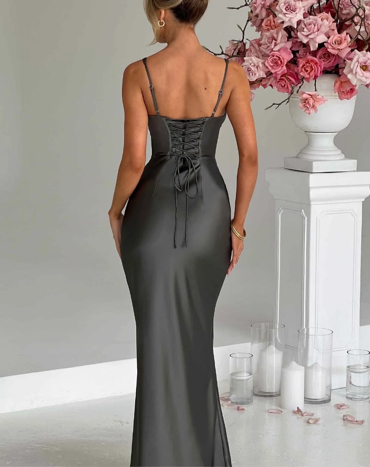 V-Neck Fishbone Satin Slip MAXI Dress