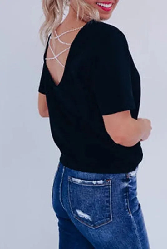 Pearl Beaded Backless Two-Way Short-Sleeved Top (Buy 2 Free Shipping)
