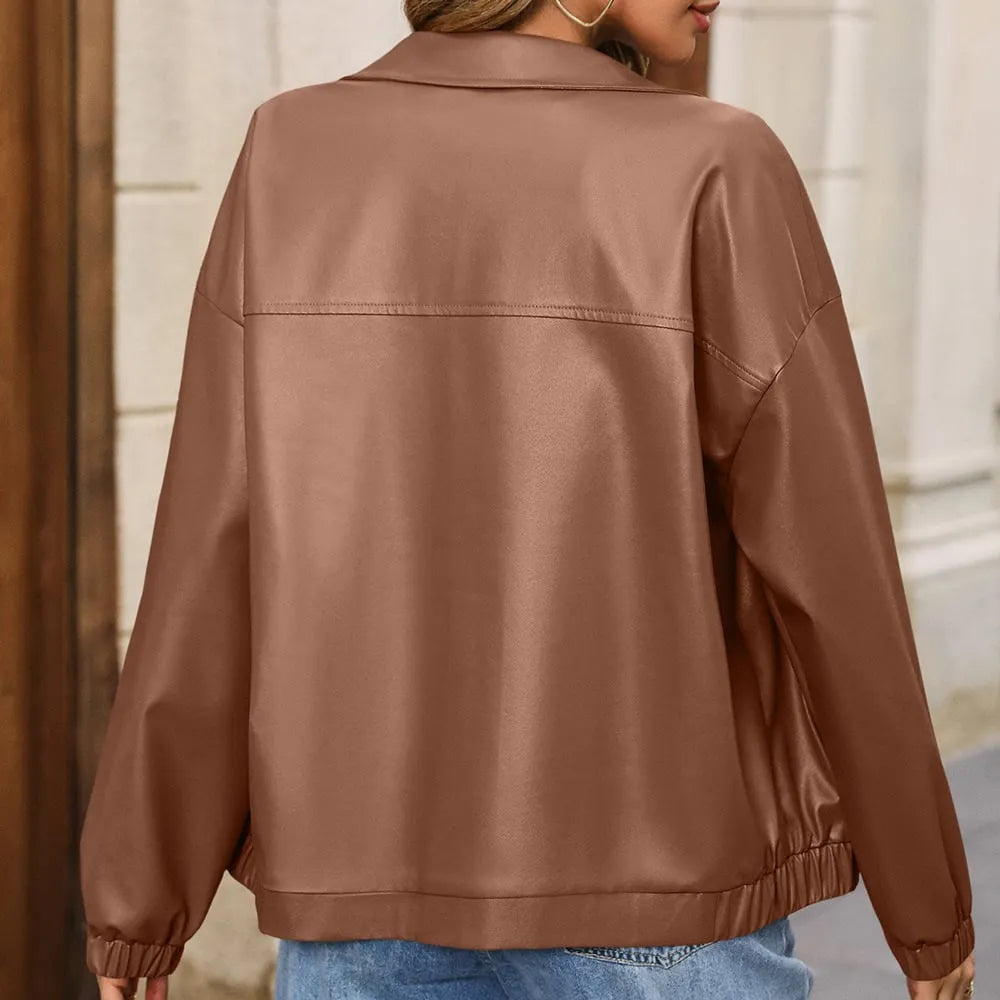Women's Solid Pocket Zip Up Pu Leather Jacket