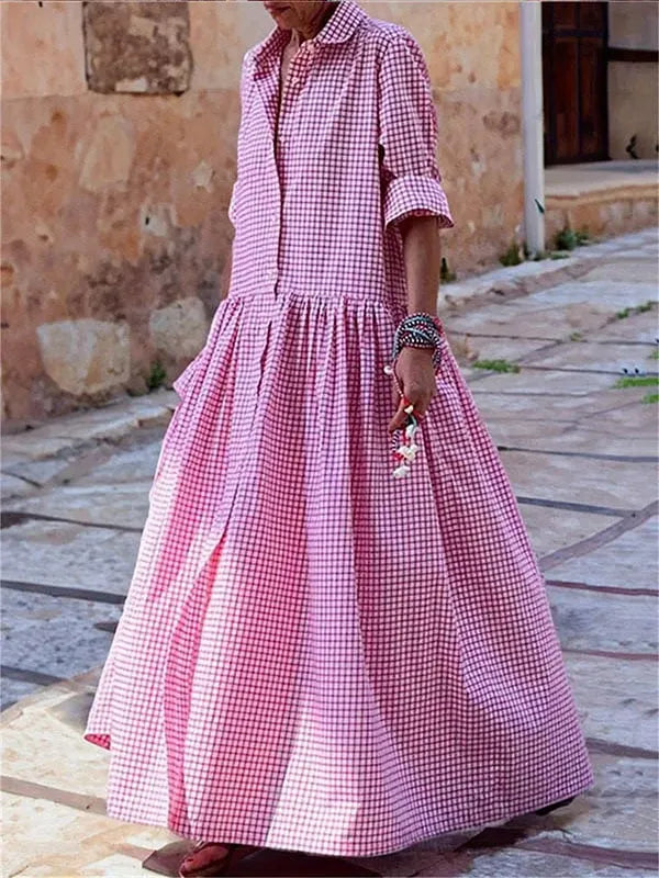Comfy Oversize Plaid Lapel Collar Long Sleeve Dress