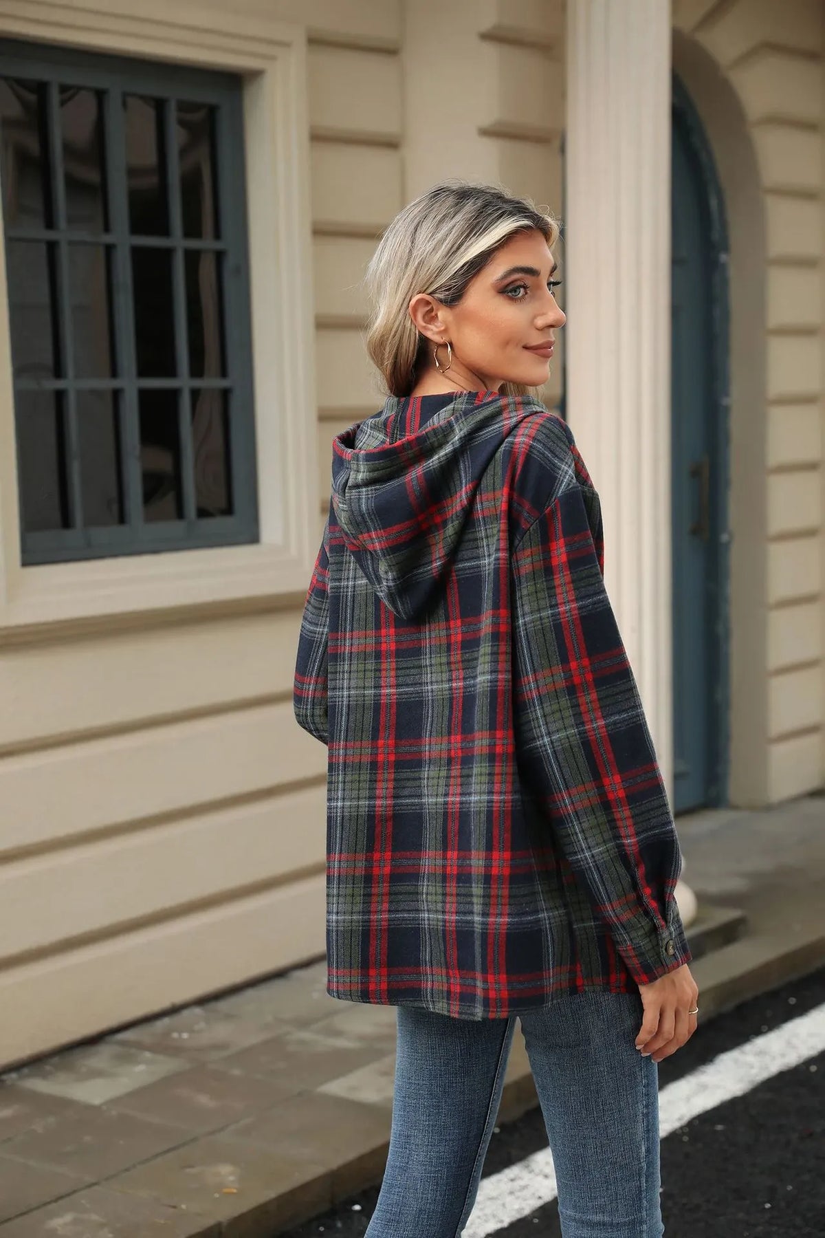 Women Autumn Winter Loose Long Sleeve Hooded Button Plaid Coat