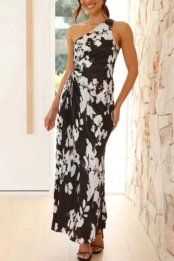 Stunning One - Shoulder Pleated Cut - Out Dress