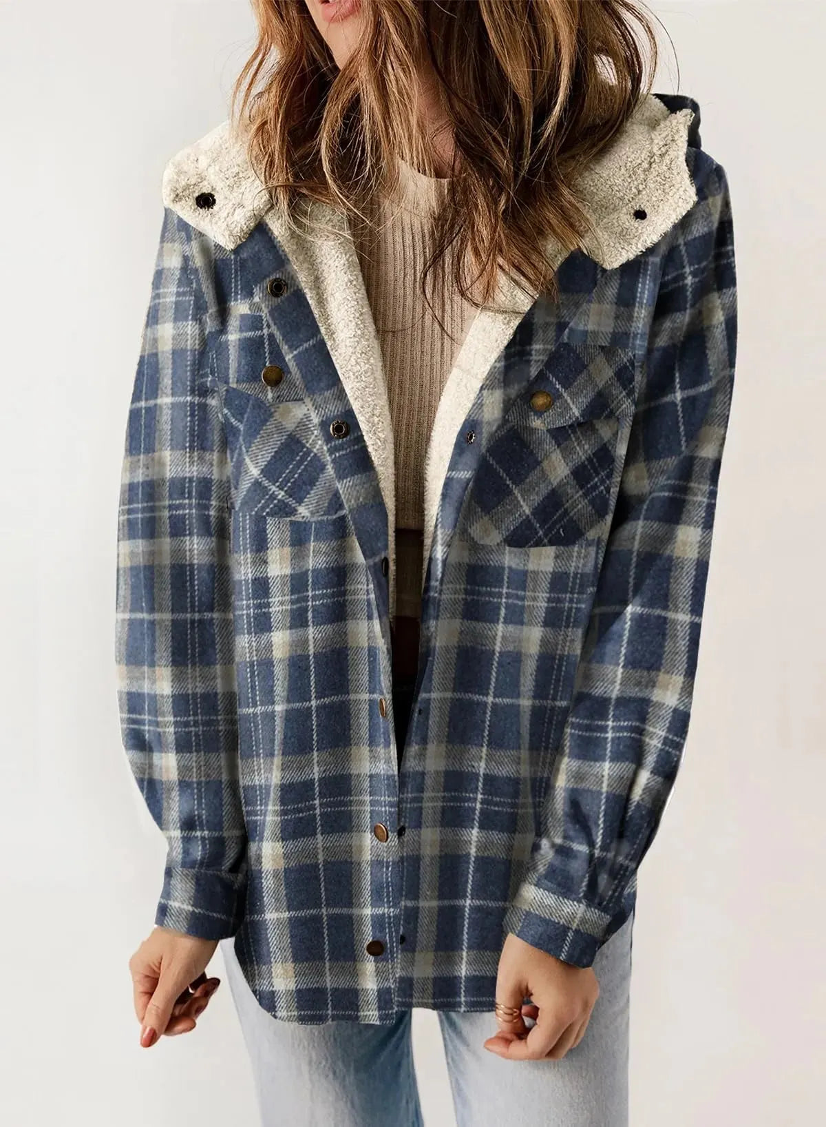 ⏰HOT SALE-WOMEN'S THICKENED FLANNEL LONG SLEEVE PLAID JACKET COAT WITH HOOD