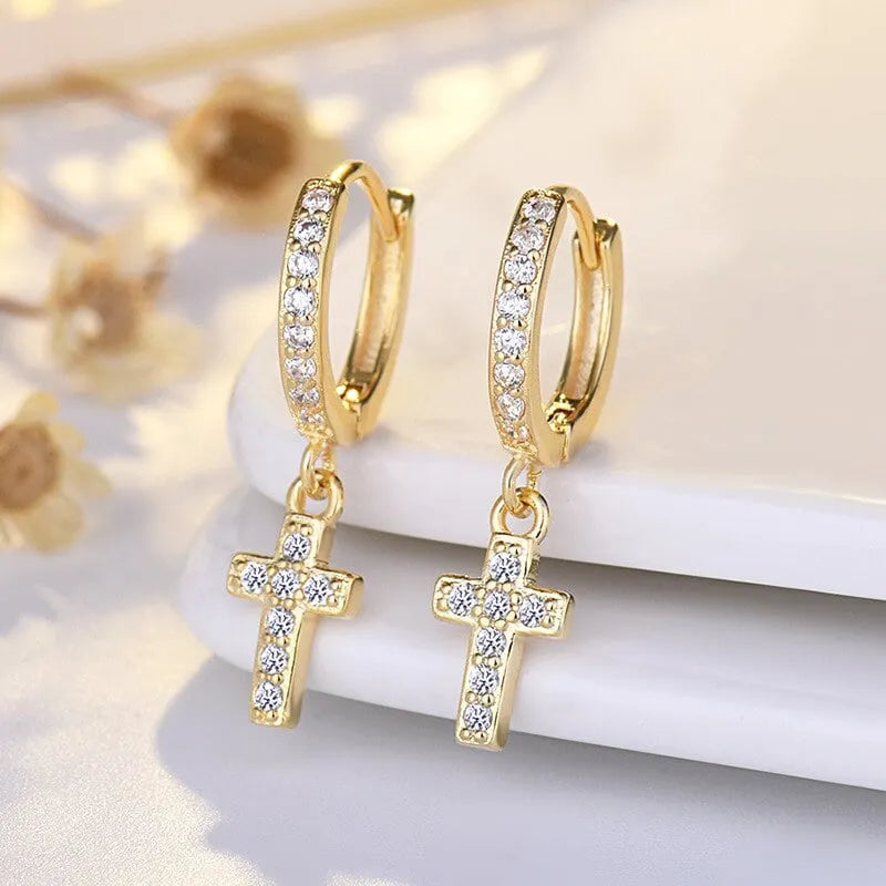 Korea Full Rhinestone Cross Pendant Pearl Earrings