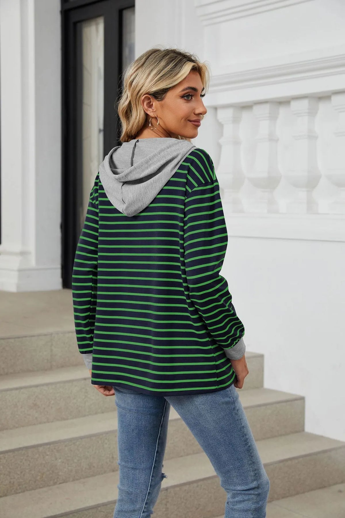 Women's Casual Pullover Button Up Drawstring Hoodie