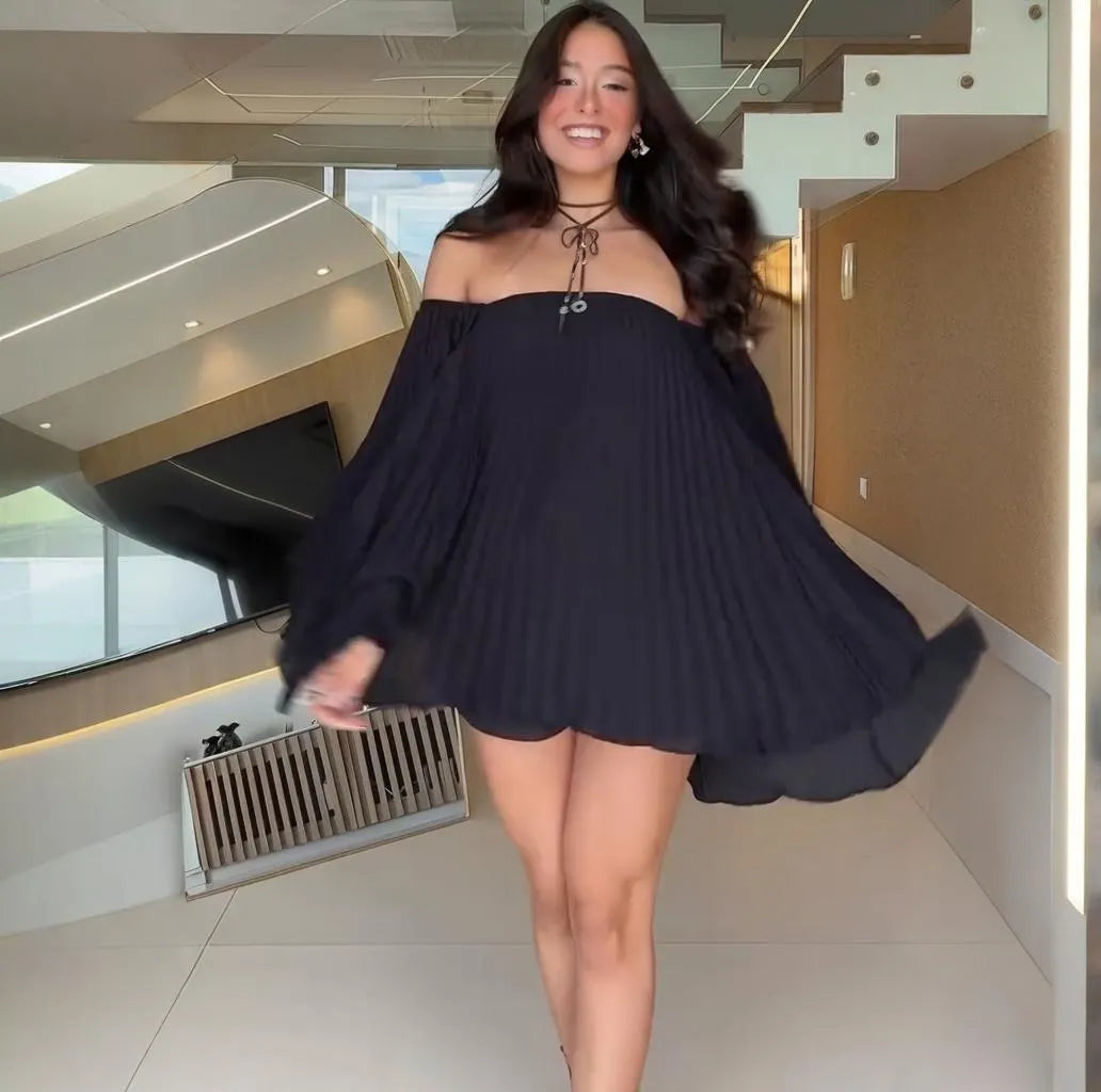 Casual Off-Shoulder Pleated Top and Shorts Set